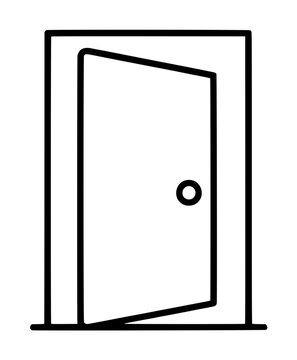 Minimalist black line drawing vector icon of a slightly ajar wooden door with a round knob, set in a simple doorway frame, perfect for architectural or interior design illustrations.