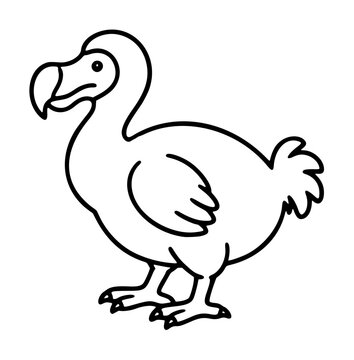 Hand-traced black and white vector icon illustration of a dodo bird standing in profile view with a large curved beak and fluffy tail plumage