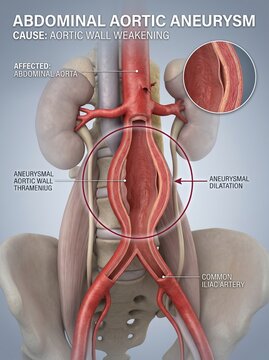 Abdominal Aortic Aneurysm Medical Illustration with Anatomical Labels and Cross Section View