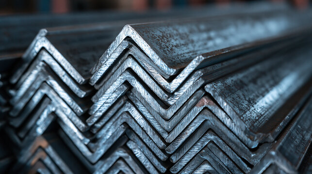 Close-up of stacked angle iron steel profiles in a warehouse under soft industrial lighting. Perfect for manufacturing and construction supply concepts.