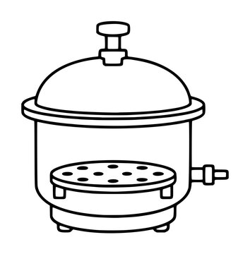 Hand-traced vector line illustration of a laboratory desiccator with a domed lid, side vacuum valve, perforated sample tray, and rounded base, ideal for scientific and chemistry themed designs