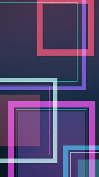Layered neon frames and translucent rectangles intersect in a moody abstract composition, blending cyan, magenta, violet, and blue tones for a stylish digital background with open space.