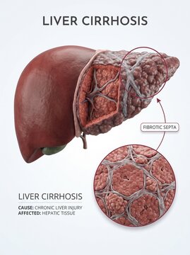 Liver Cirrhosis 3D Medical Illustration Showing Fibrotic Septa and Hepatic Tissue Damage