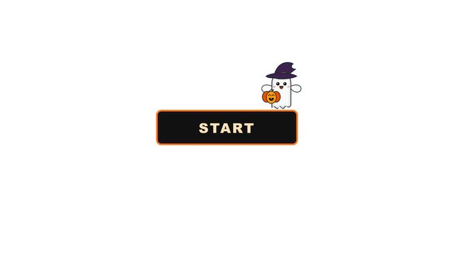 A fun halloween game menu interface featuring a starting button and a playful ghost character wearing a witch hat holding a carved pumpkin for seasonal gaming software user experiences