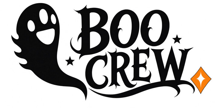 Boo crew halloween typography design with a cute black ghost and small stars halloween typography celebration creature illustration decoration background