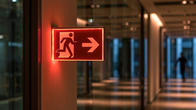 A glowing red emergency exit sign points down a modern office corridor. Safety protocol concept for corporate compliance and building design presentations.