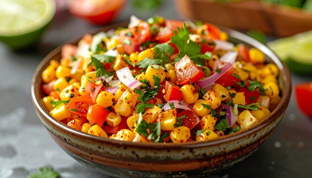 Vibrant Roasted Corn Salad Bowl with Fresh Tomatoes Onions and Zesty Lime