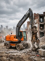 Fototapeta premium Heavy excavator with hydraulic demolition shear dismantles a brick building at a construction site with city skyline behind.