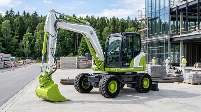 Modern green electric excavator with hydraulic arm stands at a construction site near a glass building and crane.