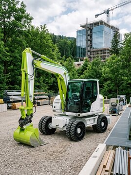 Modern green electric excavator with hydraulic arm stands at a construction site near a glass building and crane.