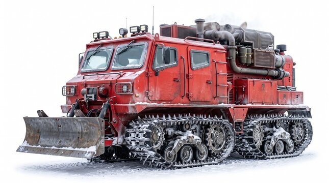 Rugged red tracked vehicle with snow plow and antennas, designed for extreme rescue missions, isolated on white background.