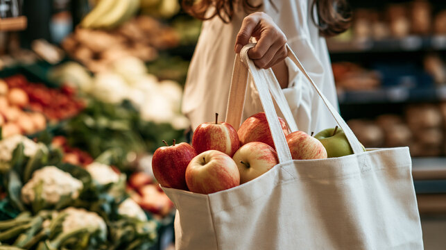 Woman holding a reusable cotton shopping bag full of fresh apples in a grocery store. Ideal for healthy eating and sustainable lifestyle campaigns.
