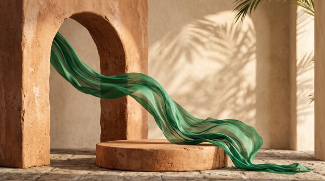 Rustic sandstone arch and pedestal with flowing green silk fabric, warm sunlight and palm tree shadow on the wall.