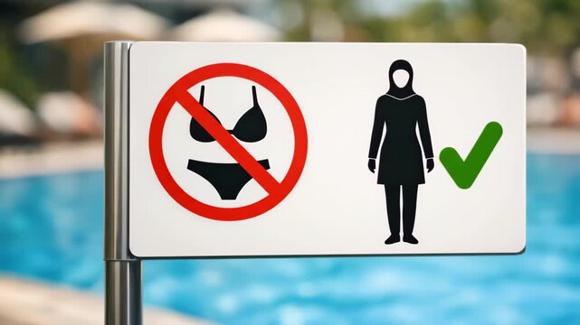  No bikini swimwear allowed sign with modest dress approved at swimming pool, public facility dress code rules, prohibition symbol, cultural modesty policy, resort safety notice, women clothing regula