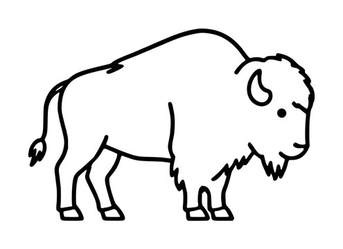 Hand-drawn vector illustration of a bison in side profile, isolated on white background, simple line art depicting the iconic shaggy-maned giant of North American plains with curved horns and a