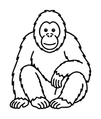 Naklejka premium Hand-traced vector illustration of a smiling orangutan sitting peacefully, black outline drawing on white background, detailed fur strokes, expressive face, wildlife animal icon, perfect for nature