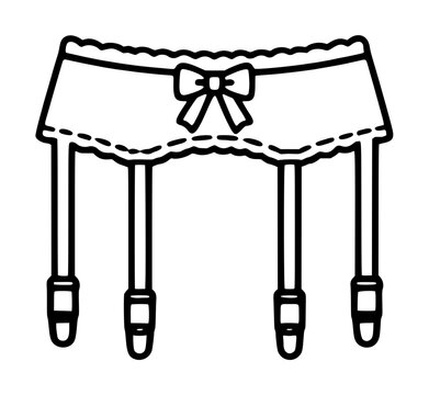 Hand-traced vector icon illustration of a delicate garter belt featuring a decorative bow at the center waistband and four slender adjustable straps with metal clip fasteners dangling below