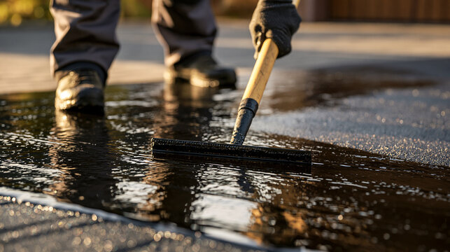 A worker spreads liquid asphalt sealer on a driveway using a squeegee tool under bright sunlight. Perfect for home improvement and driveway maintenance advertising.