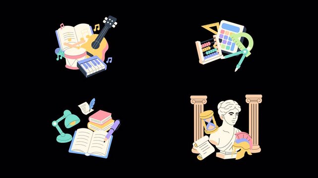 Animated high school subject icons: music, math, literature, history