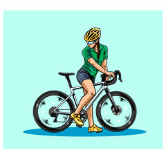 Fototapeta premium Hand drawn vector illustration of a female cyclist in green jersey standing proudly beside her road bike