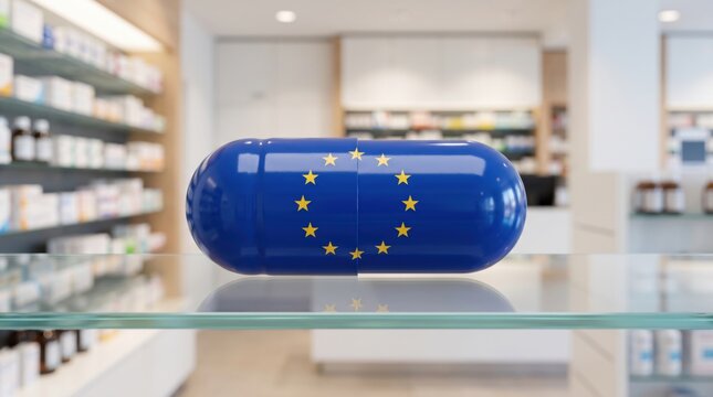 Blue pharmaceutical capsule featuring the European Union flag displayed in a modern pharmacy, symbolizing European medicine, pharmaceutical regulation, healthcare and drug policy