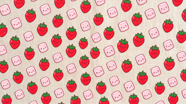 Cute kawaii strawberries and marshmallows pattern on textured background