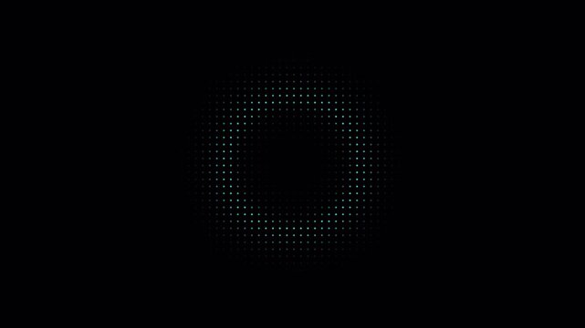 Abstract circular digital halftone pattern pulsing on dark background.