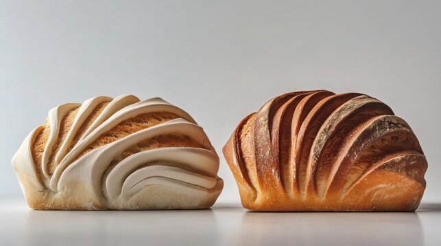 Concha sweet breads with distinct swirled shell patterns are showcased side by side on a clean white surface.
