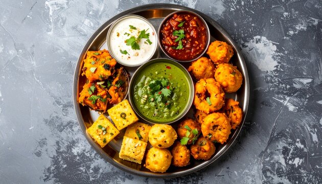 Traditional Indian farsan platter with assorted snacks and chutneys