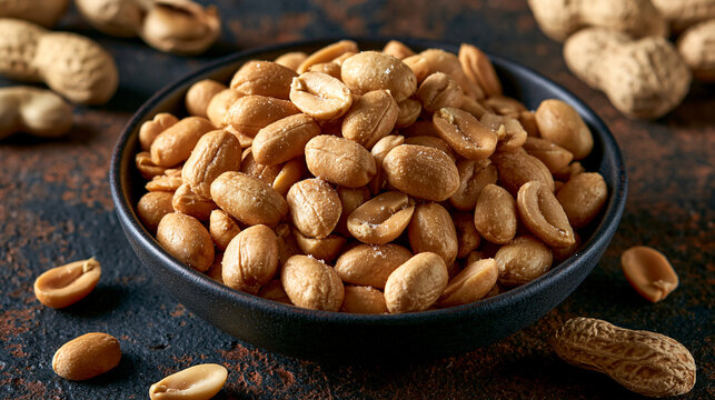 Roasted salted peanuts piled in a dark bowl on a rustic background. Perfect snack food concept for recipe blogs.