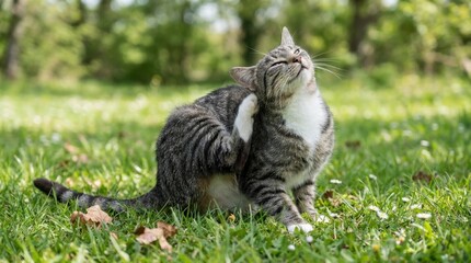 Tabby Cat Scratching Itch in Green Grass Outdoors.