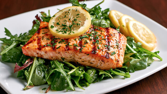 Grilled salmon fillet with lemon slice served on a fresh green salad bed. Healthy dining concept for a restaurant menu design.