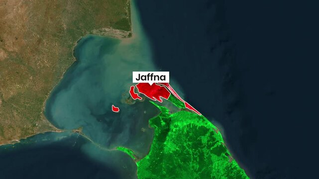 Jaffna region highlighted on animated satellite map data clip