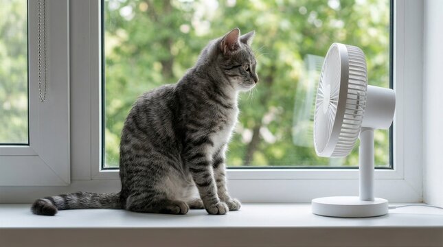Tabby Cat Sitting on Windowsill Enjoying Cool Breeze from Electric Fan.