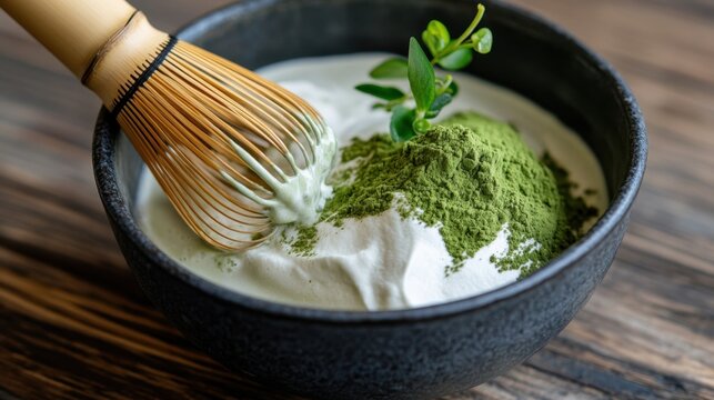 Green tea matcha bowl with whisk and cream