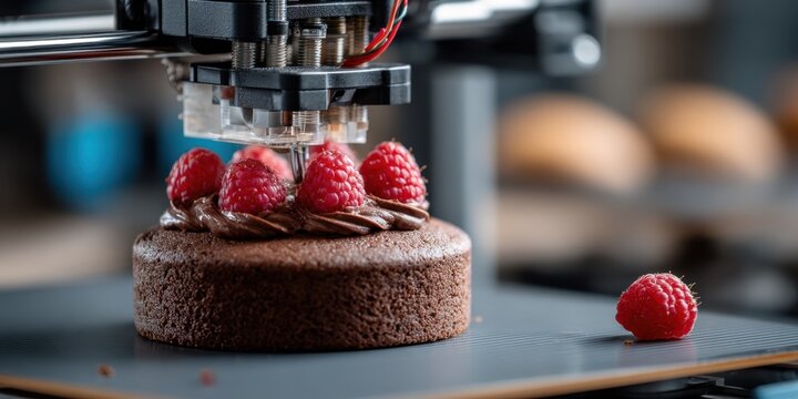 3d printer creates chocolate cake with fresh raspberries on top. National Raspberry Bombe Day