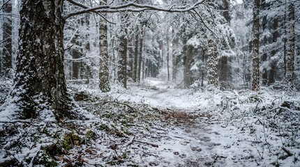Naklejka premium Snowy forest floor and tree trunks in winter