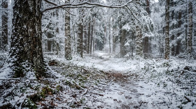Snowy forest floor and tree trunks in winter