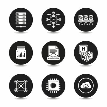 Technology and data infrastructure icons set in black and white