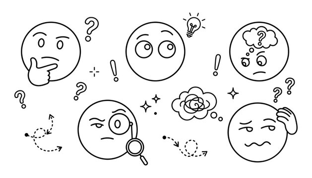 Thinking and Confused Emoji Icon Set with Question Marks, Lightbulb Idea, Magnifying Glass, and Problem Solving Character Line Art Vector Graphics