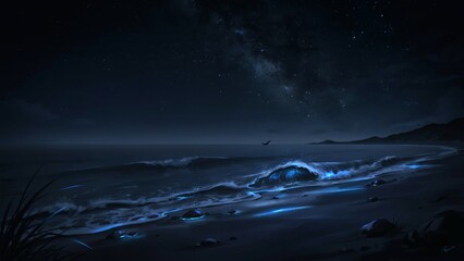 Naklejka premium Bioluminescent waves crashing onto dark sandy shoreline under glowing milky way galaxy night sky with landscape night with serene coastal landscape