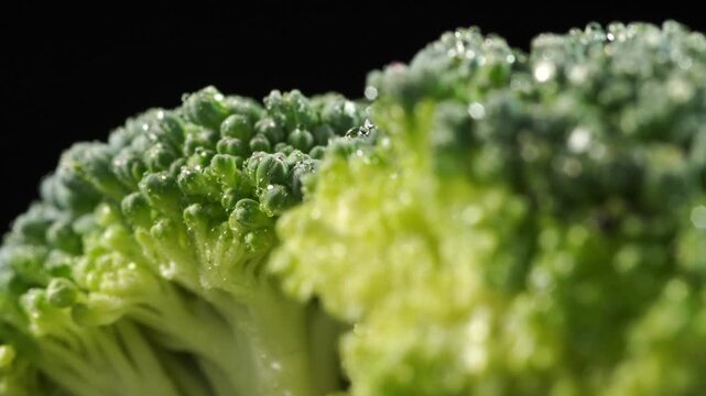 Macro shot of fresh Broccoli cabbage with water droplets rotating slowly.  Studio lighting, black background.
