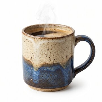 Handmade ceramic coffee mug with speckled glaze and rustic blue drip design isolated on white background