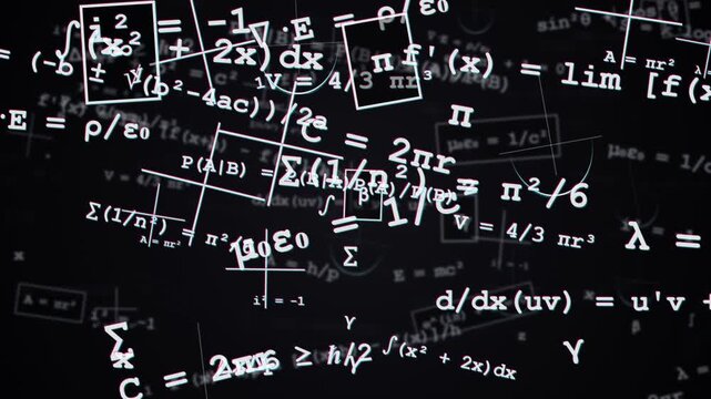 Complex mathematical formulas and physics equations float across a dark chalkboard surface to represent the deep learning processes occurring within advanced artificial intelligence research