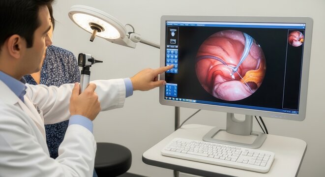 Doctor demonstrates laparoscopic surgery on screen using advanced medical technology in clinic setting