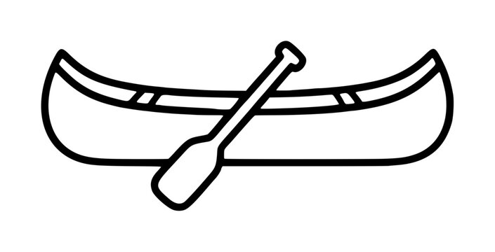 Hand-drawn black line vector illustration of a traditional canoe with single paddle, minimalist boat icon for outdoor adventure, wilderness travel, and recreational watercraft branding designs