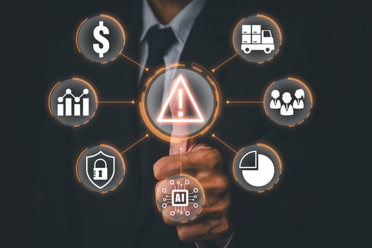AI business risk prediction concept with predictive analytics, risk assessment, finance, market analysis and intelligent data driven decision making.