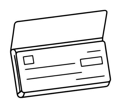 Hand drawn black and white checkbook vector icon illustration with blank open ledger cover and payment line details in minimalist line art style