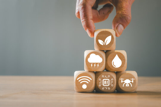 Smart agriculture monitoring concept using artificial intelligence, sensors, drones and data analytics to track crop health, soil moisture and modern farm operations.