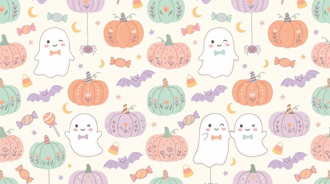 Cute Halloween seamless vector pattern featuring friendly ghosts, pastel pumpkins stack, cute bats, candy, and witch elements on off-white background.